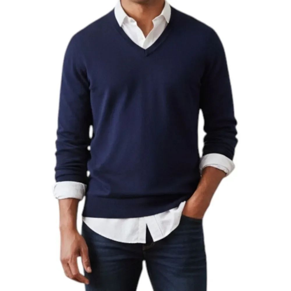 Brooks Brothers Navy Blue Cashmere & Wool V-Neck Sweater - Size Large